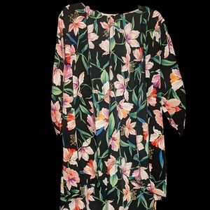 FLINT & MOSS New York Chiffon Floral Beach Cover Top Slip Robe Kimono PLUS CURVY